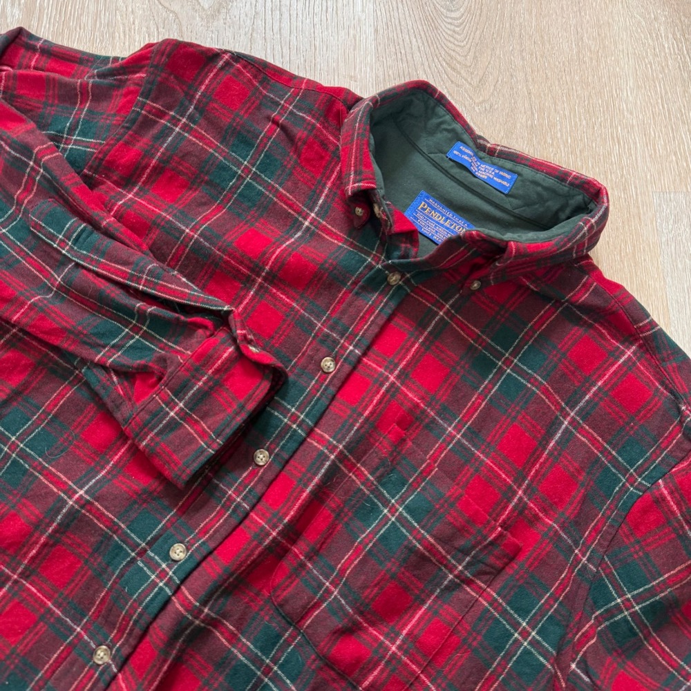 Pendleton Hay Tartan Plaid Wool Flannel Shirt Mens Large Red‎ Green Button Down